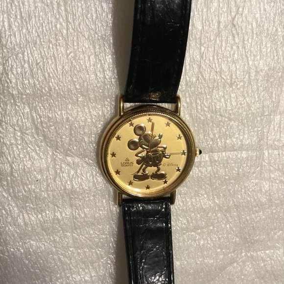 Vintage Disney Mickey Mouse gold face watch by Lorus w/ black watch band main image 9